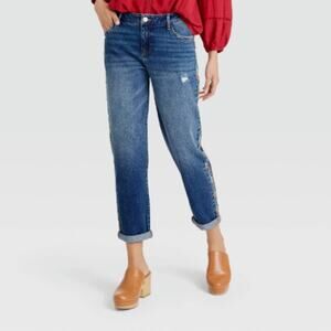 Knox Rose Women's Mid-Rise Straight Leg Embroidered Jeans Dark Wash Size 12